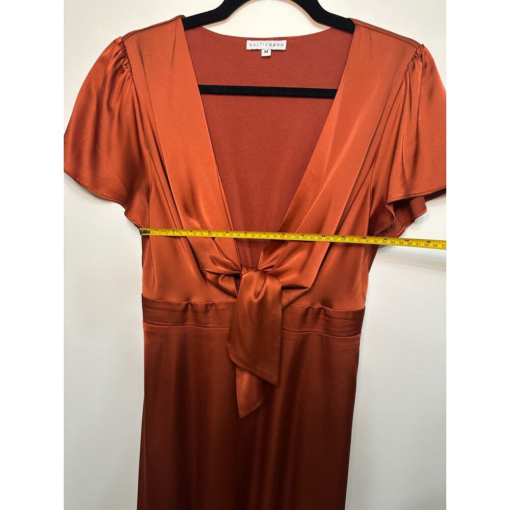 Baltic Born Rust Poppy Satin Midi Dress M Tie Front Flutter Sleeve Evening - Picture 10 of 12